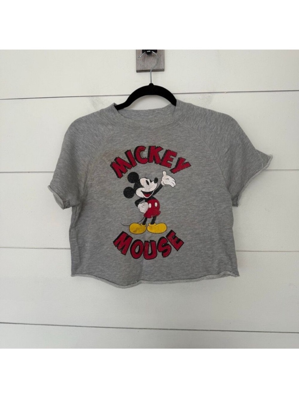 Disney Grey Mickey Mouse Crop Tee with Red & Yellow Graphic